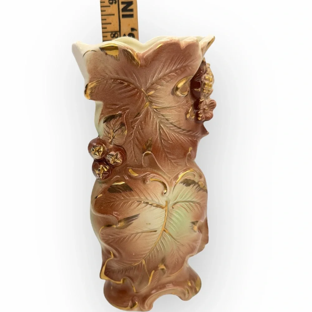 Vtg Golden Acorn Accessories Brown Gold Leaf Vase Japan Mid-Century Thanksgiving